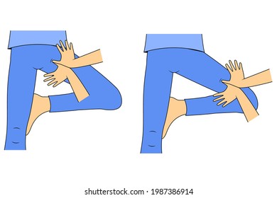 Massage. Yumeiho therapy. Instructions for performing massage techniques, kneading the inner surface of the legs. Simple vector illustration for physical therapy guidelines, websites and prints.
