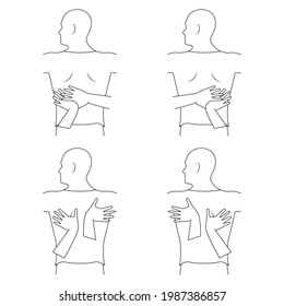 Massage. Yumeiho therapy line. Instructions for performing massage techniques, kneading the back muscles. Simple vector illustration for physical therapy guidelines, websites and prints.