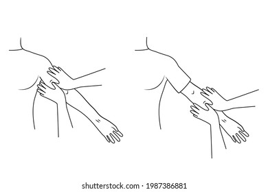 Massage. Yumeiho therapy line. Instructions for performing massage techniques, kneading the muscles of the hands. Simple vector illustration for physical therapy guidelines, websites and prints.