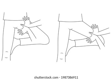 Massage. Yumeiho therapy line. Instructions for performing massage techniques, kneading the inner surface of the legs. Simple vector illustration for physical therapy guidelines, websites and prints.