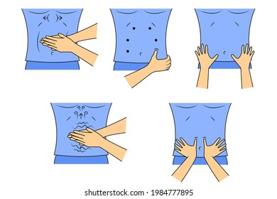 Massage. Yumeiho therapy set. Instructions for performing massage techniques, kneading the abdominal muscles. Simple vector illustration for physical therapy guidelines, websites and prints.