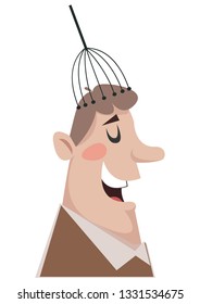 Massager for the head massaging the male head. A device to combat migraine and headache. Relaxation and relaxation at work. Vector illustration in cartoon style.