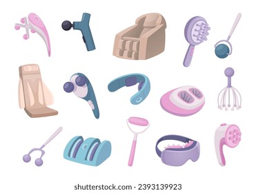 Massager items. Instruments for body zones percussion massage exact vector cartoon pictures set