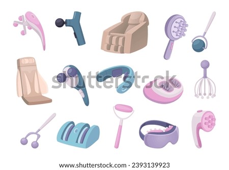 Massager items. Instruments for body zones percussion massage exact vector cartoon pictures set