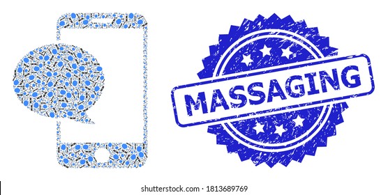 Masaje del sello corroido y el mensaje del smartphone de composición recursiva vectorial. El sello azul contiene la leyenda Masaje dentro de la roseta.