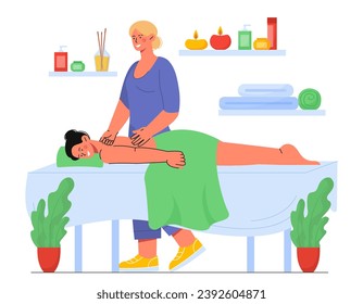 Massagist with client concept. Woman massage back for young girl. Healthy lifestyle and treatment. SPA, wellbeing and relaxation. Cartoon flat vector illustration isolated on white background