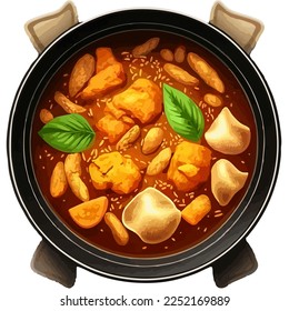 Curry de Massaman sobre un bol comida tradicional tailandesa top view vector ilustración