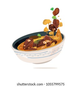 Massaman curyy served in bowl. traditional Thai food concept. creative position - vector illustration