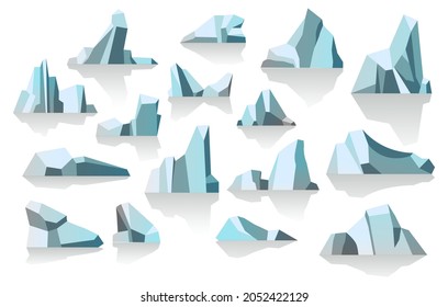 Masses of frozen water, flows and icebergs, weather change and melting, climate and danger. Frosty glaciers isolated icons of bluish antarctic ice. Outdoors scene. Vector in flat style illustration