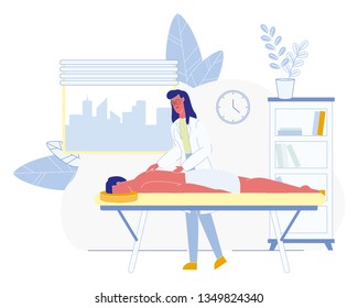 Masseur Cabinet in Clinic or Hospital Flat Vector with Female Physiotherapist Massaging Back to Male Patient Who Lying on Couch Illustration. Physical Rehabilitation, Physiotherapy Procedures Concept