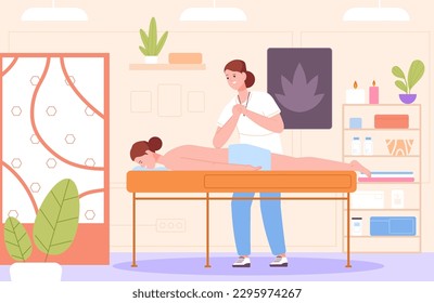 Masseur cabinet. Physio therapist doing relaxing thai massage woman on massaging table indoor spa office room, physical rest osteopathy manual therapy, vector illustration of therapist cabinet