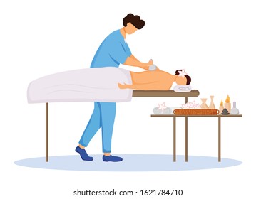 Masseur and client flat color vector illustration. Spa therapy, pampering session at resort. Hotel salon. Massage therapist in blue uniform isolated cartoon character on white background