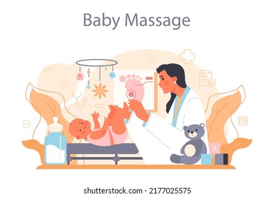 Masseur concept. Massage back treatment and relaxation therapy. Therapist massaging a client on table. Beauty and baby massage. Flat vector illustration