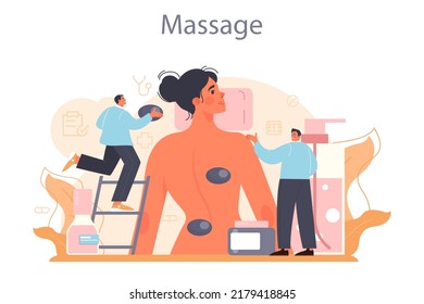 Masseur concept. Massage back treatment and relaxation therapy. Therapist massaging a client on table. Beauty and baby massage. Flat vector illustration
