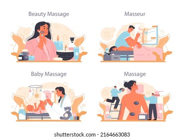 Masseur concept set. Massage back treatment and relaxation therapy. Therapist massaging a client on table. Beauty and baby massage. Flat vector illustration