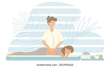 Masseur concept. Spa treatment in the beauty salon. Back treatment. The girl on the massage table. Vector illustration