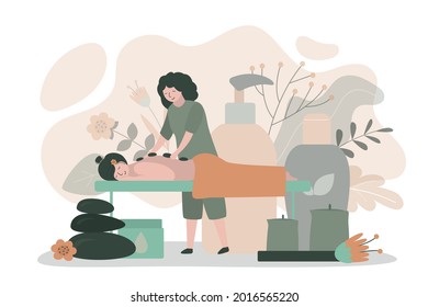 Masseur doing relaxing procedure to client. Spa worker giving hot stone massage to girl. Spa center service. Bottles with oil or cream. Massage therapy and wellness treatments.Flat vector illustration