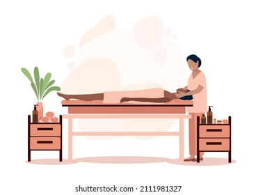 The masseur makes a massage to the girl. Relaxation in the spa. Vector illustration for advertising, flyers and social media.