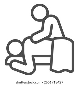 Masseur e homem com ícone de linha de toalha, conceito de massagem de spa. Gráficos vetoriais. Massageando cliente de volta na cama, sinal de terapia no fundo branco, ícone de estilo de contorno para design móvel ou web