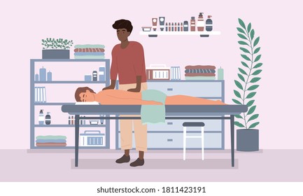 Masseur in a massage parlour with caucasian male client giving him a relaxing pampering body massage in the salon, colored vector illustration