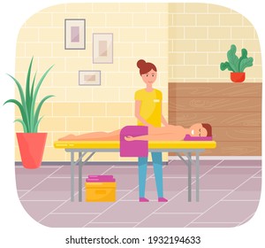 Masseur is massaging body of patient. Therapist gives massage to young man lying on couch. Girl touches back of client with her hands and reduces stress. Massage procedures in medical clinic