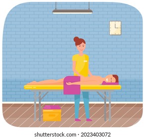 Masseur is massaging body of patient. Therapist gives massage to young man lying on couch. Girl touches back of client with her hands and reduces stress. Massage procedures in medical clinic