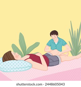 Masseur massaging client's legs and body