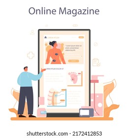 Masseur online service or platform. Massage back treatment and relaxation therapy. Therapist massaging a client on table. Online magazine. Flat vector illustration