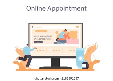 Masseur online service or platform. Massage back treatment and relaxation therapy. Therapist massaging a client on table. Online appointment. Flat vector illustration