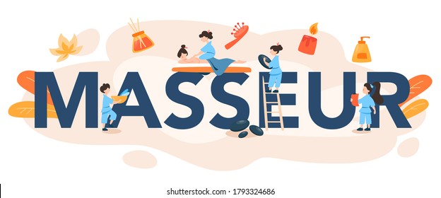 Masseur typographic header. Spa procedure in beauty salon. Back treatment and relaxation. Person on table and therapist. Isolated flat illustration