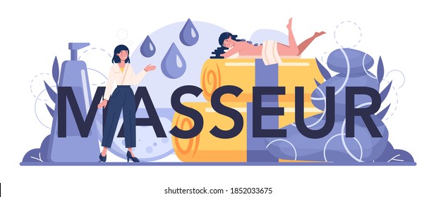 Masseur typographic header. Spa procedure in beauty salon. Back treatment and relaxation therapy. Person on table and therapist. Isolated flat illustration