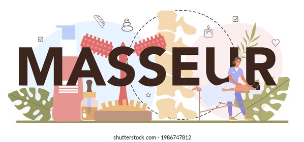 Encabezado tipográfico masseur. Spa en salón de belleza. Tratamiento de espalda y terapia de relajación. Persona en la mesa de masaje. Ilustración plana aislada