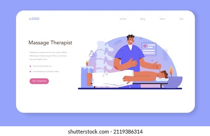 Masseur web banner or landing page. Massage back treatment and relaxation therapy. Therapist massaging a client on table. Reflexology and baby massage. Flat vector illustration