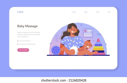 Masseur web banner or landing page. Massage back treatment and child health care therapy. Therapist massaging a baby on table. . Flat vector illustration