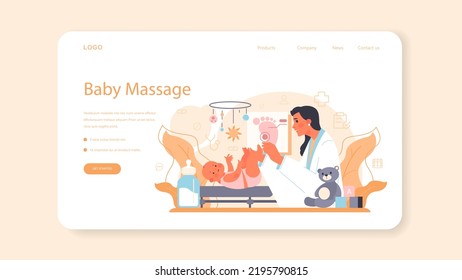 Masseur web banner or landing page. Massage back treatment and relaxation therapy. Therapist massaging a client on table. Beauty and baby massage. Flat vector illustration