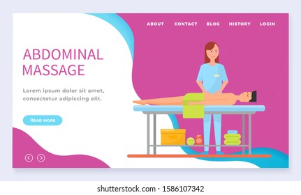 Masseuse with client giving abdominal massage therapy. Client and specialist at spa salon therapy. Professional and ill patient. Website or webpage template, landing page, vector in flat style