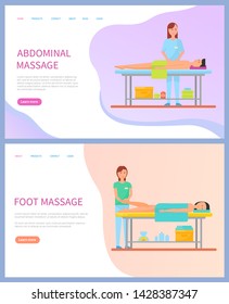 Masseuse doing abdominal and foot massage for clients vector. Web page with flat people making spa procedures and lying on table, healthcare and relaxation