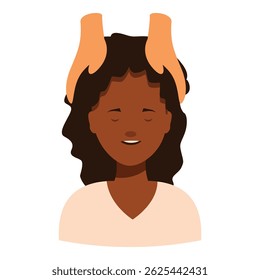 Masseuse giving head massage to young woman relaxing with closed eyes