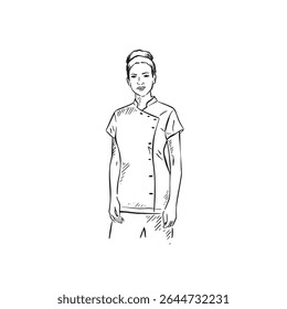 A masseuse lady in a smart uniform. Hand drawn in black. 
