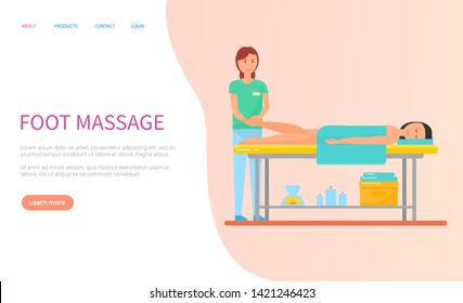 Masseuse making foot massage for client with towel. Flat webpage woman getting spa procedure, lying human on table, healthcare and relaxation vector