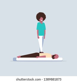 masseuse standing on patient's back doing healing treatment african american guy relaxing lying on table man having massage spa salon manual therapy concept full length vector illustration