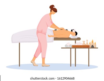 Masseuse In Uniform Flat Color Vector Illustration. Spa Salon, Body Treatment, Relaxation. Hotel Pampering Session. Stone Massage Therapist And Client Isolated Cartoon Characters On White Background