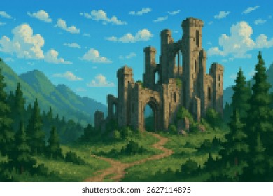 A massive ancient ruin of a stone fortress stands among pine trees and green hills under a clear sky.