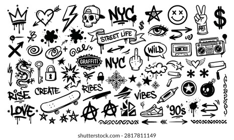 Massive assortment of nyc inspired street art doodles with vintage boombox cassette tapes skateboards dragon illustrations anarchy symbols dollar signs urban typography hand drawn ink sketches for retro nineties aesthetic projects isolated black line art graphics bundle.