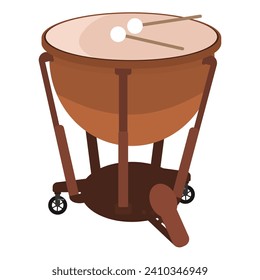 Massive brass musical instrument Timpani. Percussion metal musical instrument. Orchestral instrument. Flat drawing style. Isolated on a white background.