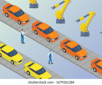 Massive car production in factory with robotic arm machine development in modern isometric style