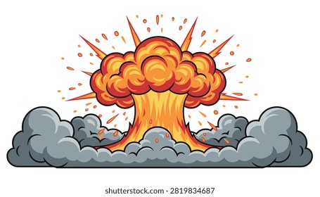 Massive cartoon mushroom cloud explosion featuring bright fire, orange flames, and thick gray smoke.