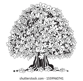 Massive chestnut tree isolated on white background. Chestnut leaves next to the tree. Stencil. Template. Simple Illustration. Perfect for Logo or Wall art.- Vector.