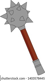 A massive club with a spiked metal head secured to a brown handle over white background, vector, color drawing or illustration.