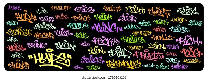Massive collection of 50 plus urban graffiti tag hand style words. Creative streetwear doodle bundle for modern hustle culture design.